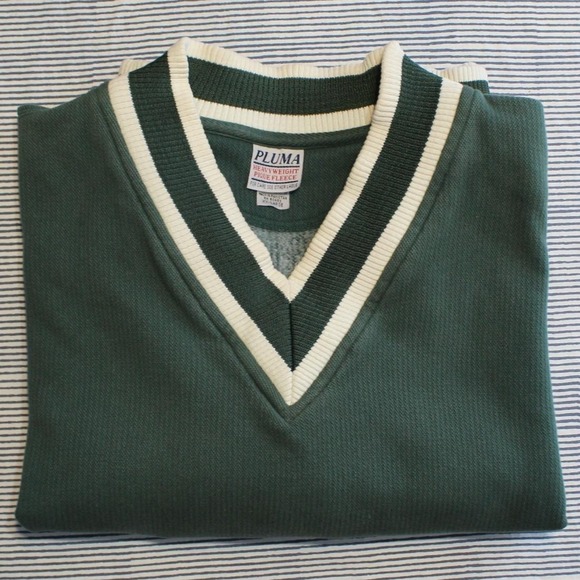Vintage 90s Pluma XXL Green White Striped V-Neck Heavyweight Pique Sweatshirt - Picture 7 of 10